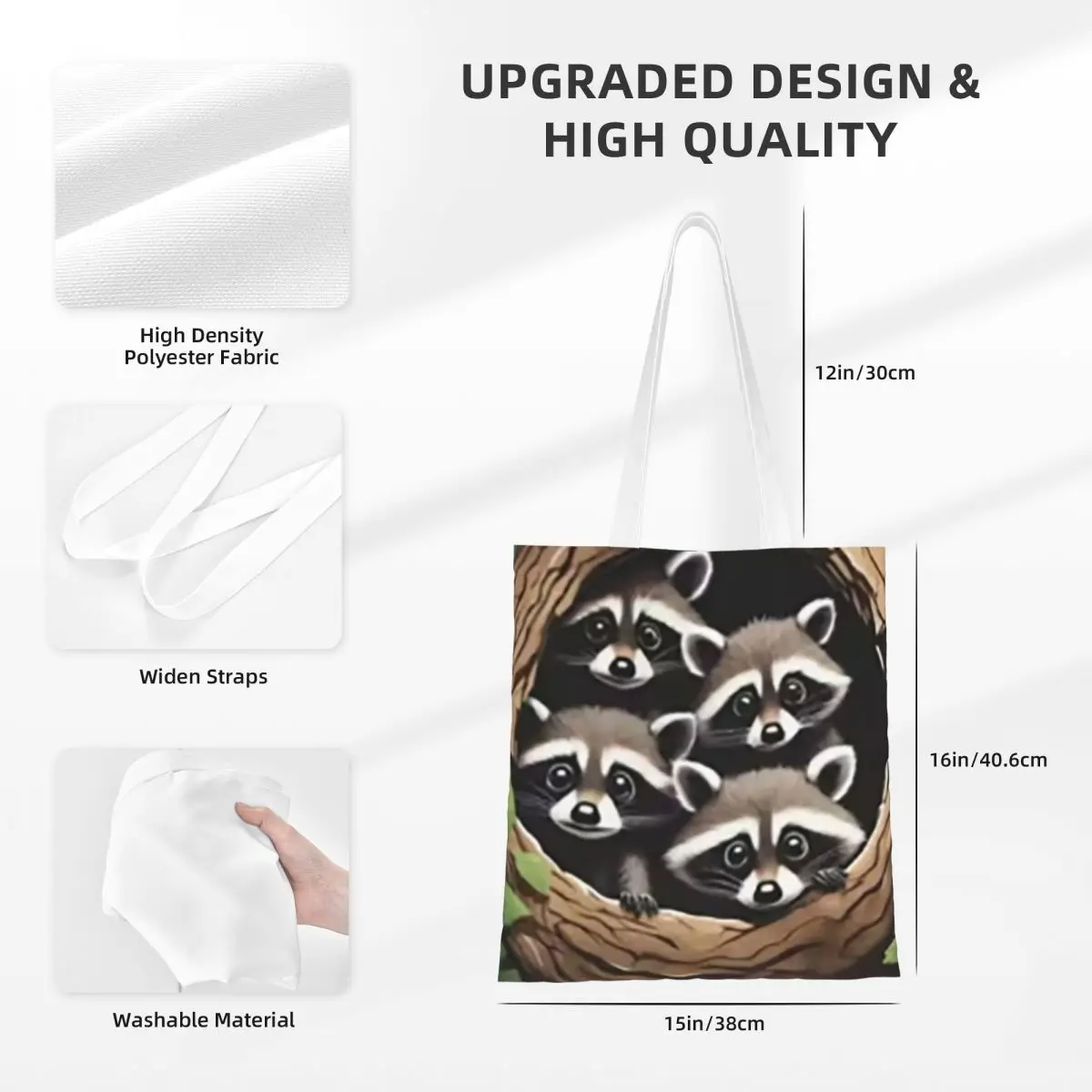 กระเป๋าช้อปปิ้งลายแรคคูนตลกๆ กระเป๋าผ้าแคนวาสแบบใช้ซ้ำได้สำหรับสาวๆ กระเป๋าสะพายไหล่ กระเป๋าถือสำหรับเดินทาง