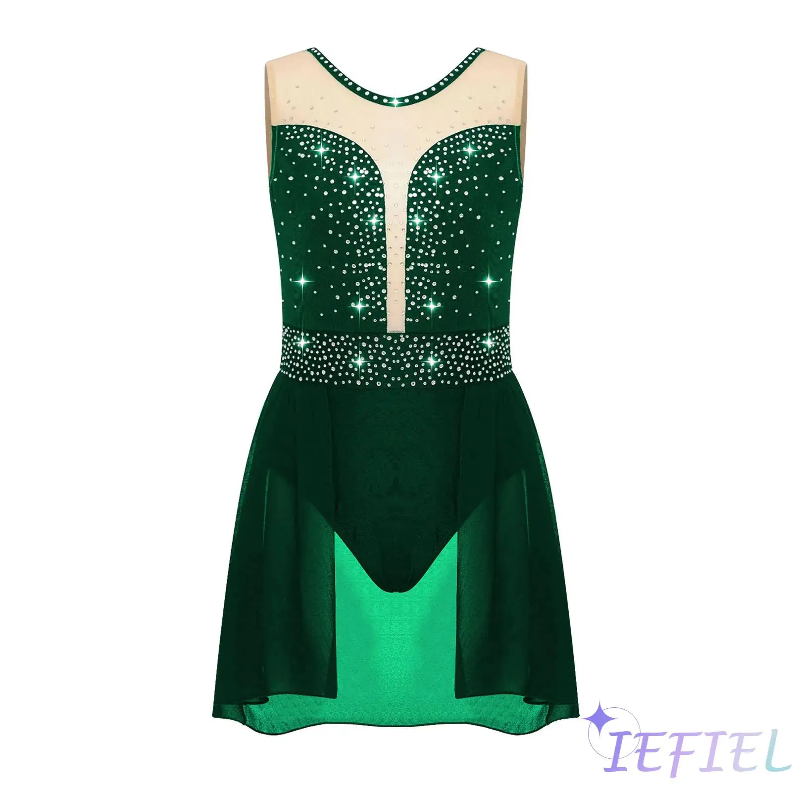 

Teen Girls Lyrical Dance Skirted Leotard Sleeveless Rhinestone Ballet Gymnastic Leotard Figure Skating Dancewear Crisscross Back