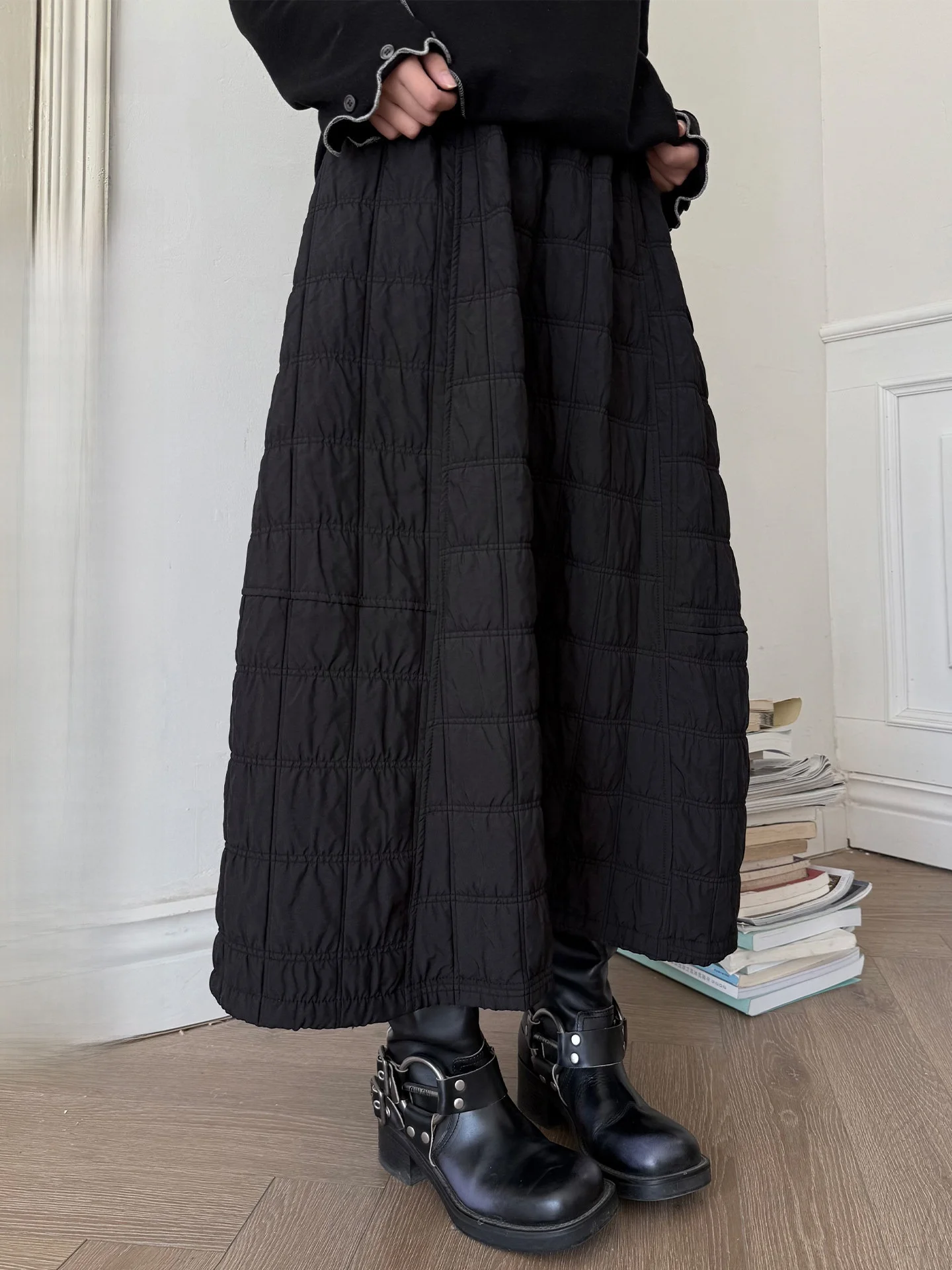 Land And Mountain Island【Cloud Fuzz】Dark Series Double Quilted Cotton A-Line High Waist Slimming Half Skirt Casual Cotton