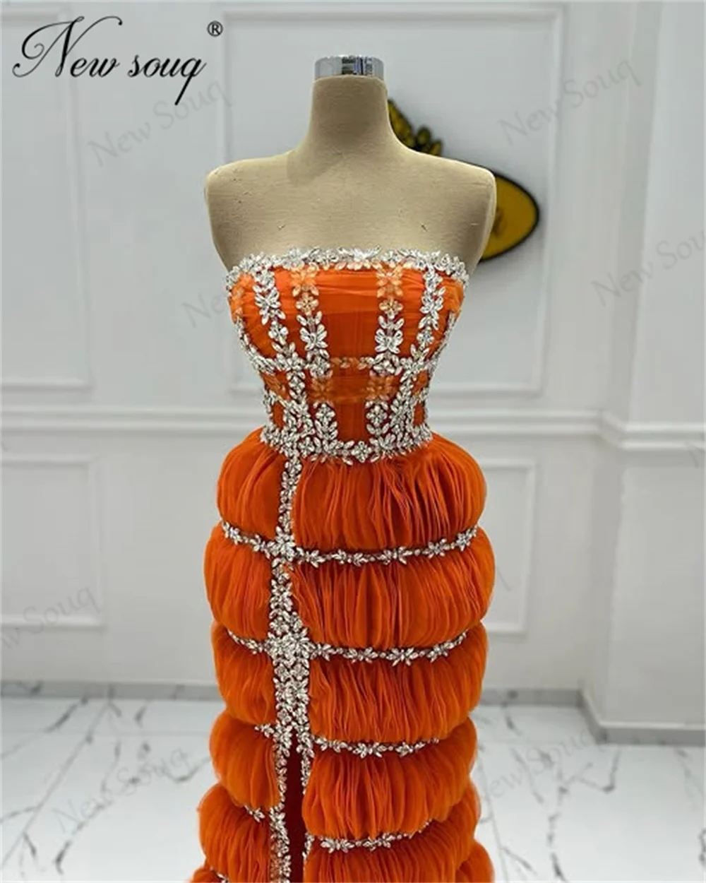 

Orange Ruffles Beading Evening Dresses Customized Split Side Birthday Party Cocktail Dress Aso Ebi African Engagement Prom Dress