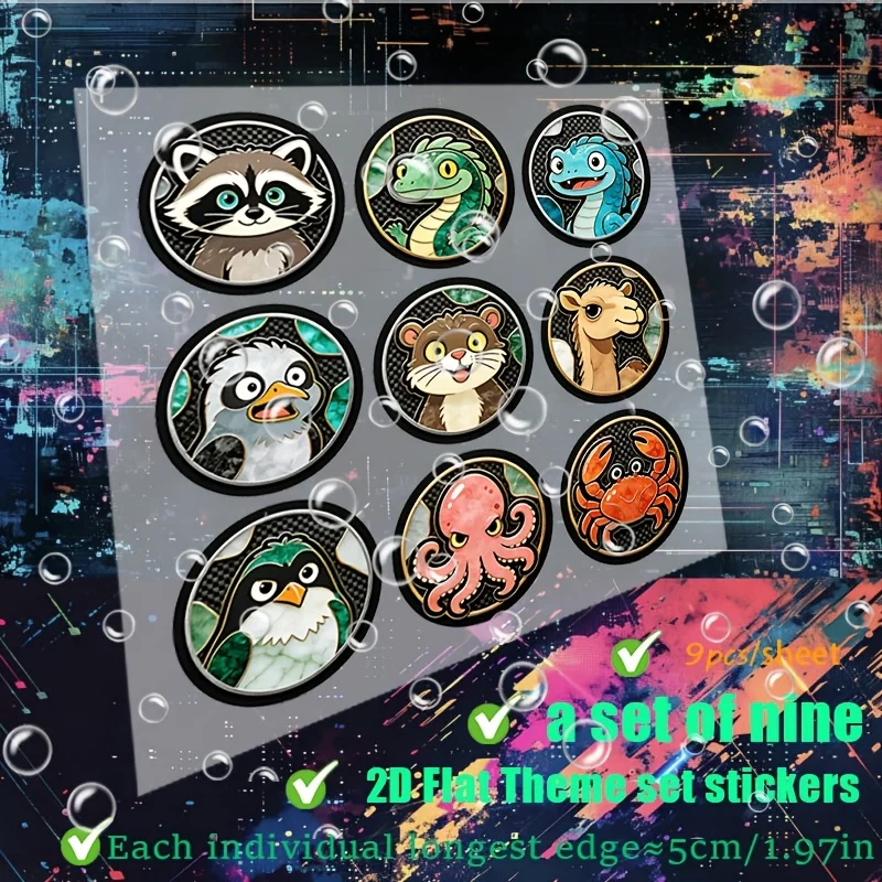 9Pcs 2D Flat Cartoon Wild Animal Round Waterproof Vinyl Stickers Raccoon Snake Octopus Decals Holiday Gift For Car Laptop