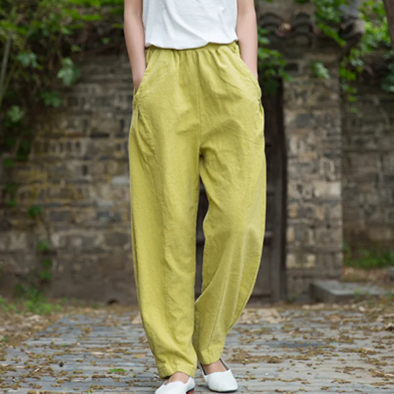 Vintage  Yoga Clothes Cotton  Linen Women High Waist Pants Baggy Loose  Large Oversized Size Women's Cargo Trousers Wide Leg