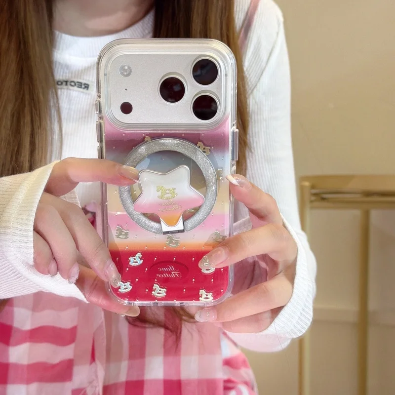 

Fashion Rainbow Stripes Glitter Gold Horse Magnetic Phone Case For iPhone 17 Pro 16 15 14 Pro Max Back Cover with Stand Cute Cas