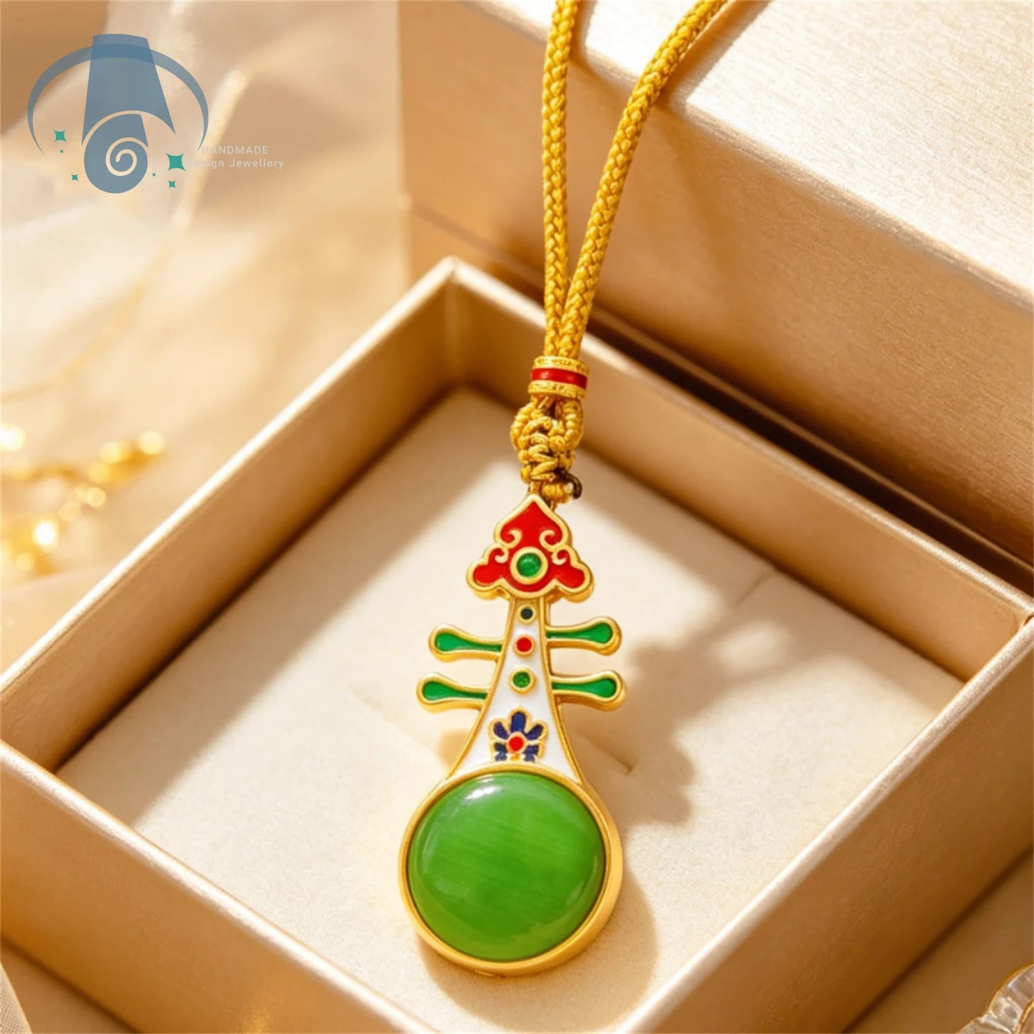 National Style Enamel Pipa Pendant Necklace Chalcedony Vintage Chinese Instrument Charm Oriental Jewelry for Women Gift