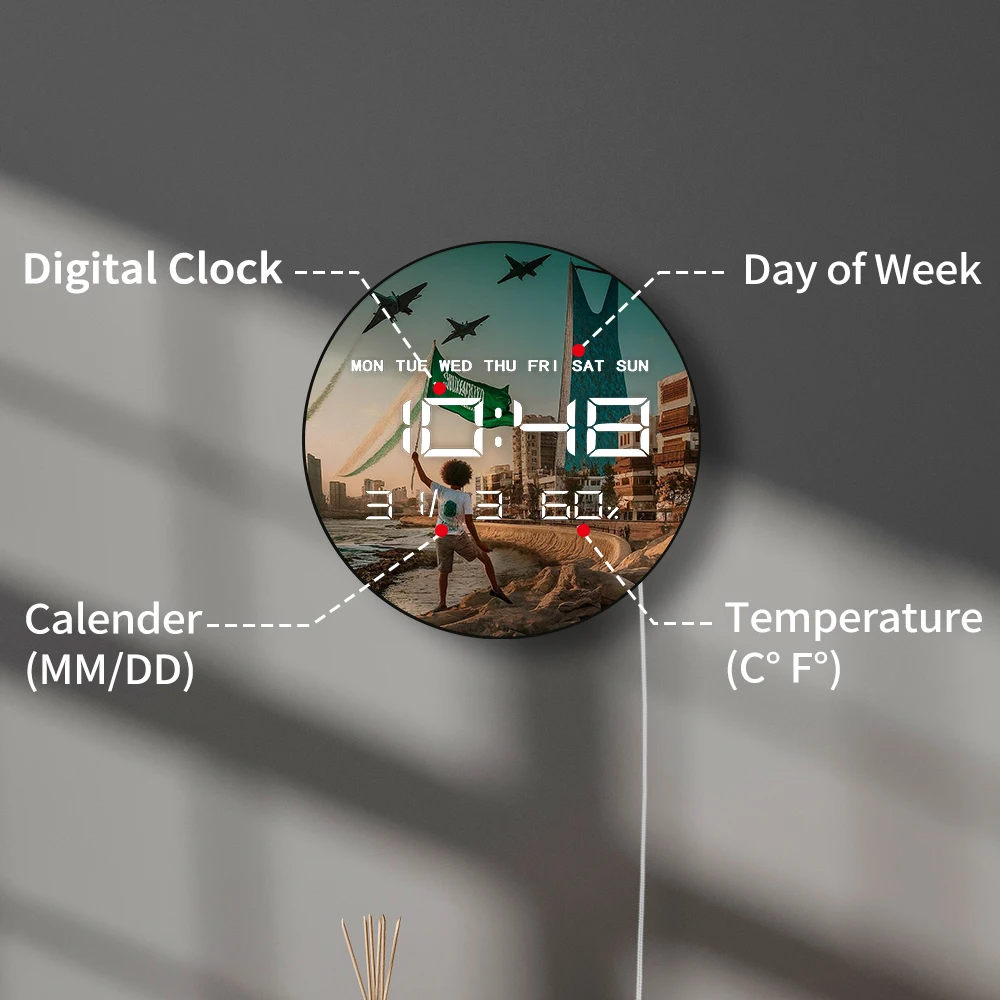 علم المملكة العربية السعودية ساعة حائط بتصميم عصري مع مؤقت وعرض درجة الحرارة وأفق إسلامي لديكور المنزل وساعة إلكترونية