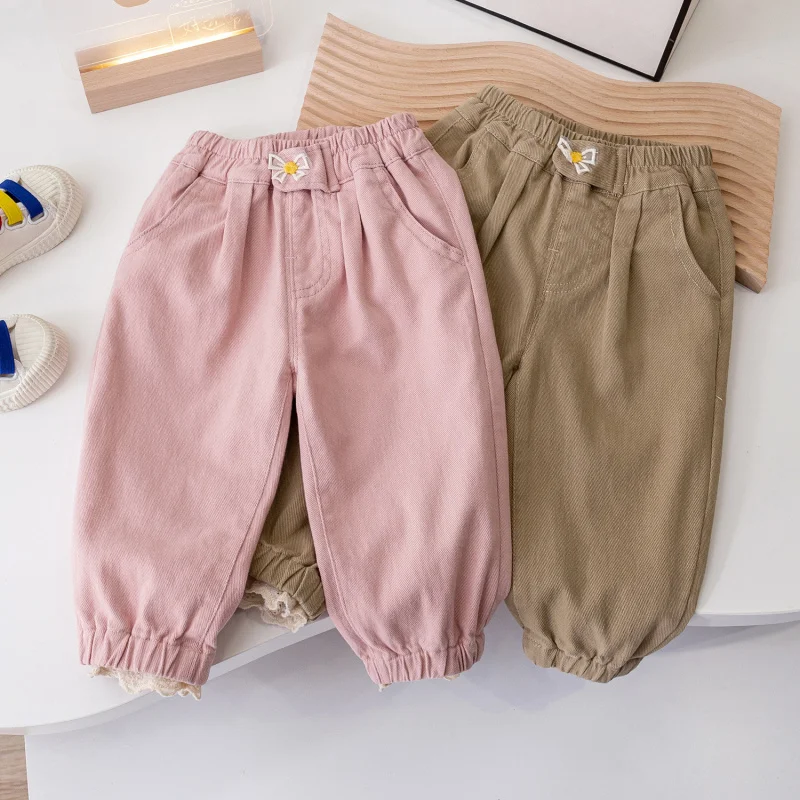 Kxkm-Baby Girl Spring and Autumn Outer Wear Bloomers New Casual All-Match Bow Children Harem Lace Ruffle Pants