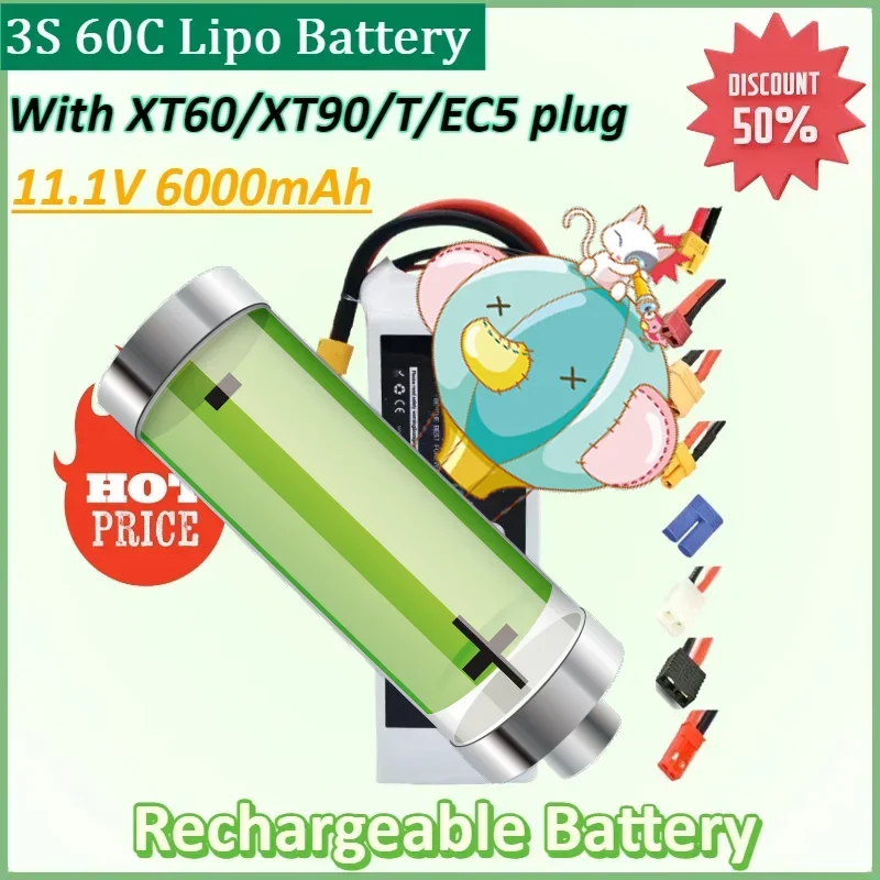 

3S 60C Lipo Battery 11.1V 6000mAh for Drone RC Car Helicopter Quadcopter Tank Boat Truggy Battery with XT60 XT90 T EC5 plug