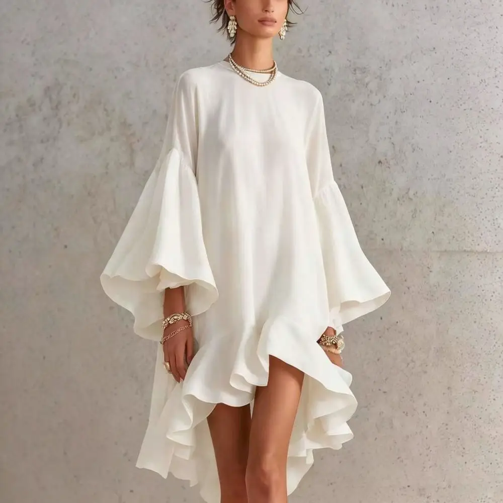 Womens Elegant Chiffon Dress Round Neck Flare Long Sleeve Ruffle Asymmetric Hem Loose Fit Casual Party Banquet Fashion