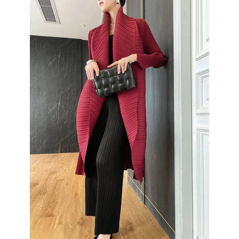 Luxury Pleated Coat New Turn Down Collar Long Sleeve Mid-length Trench Coat Oversized Windbreaker Cardigan High-end Chic Jackets