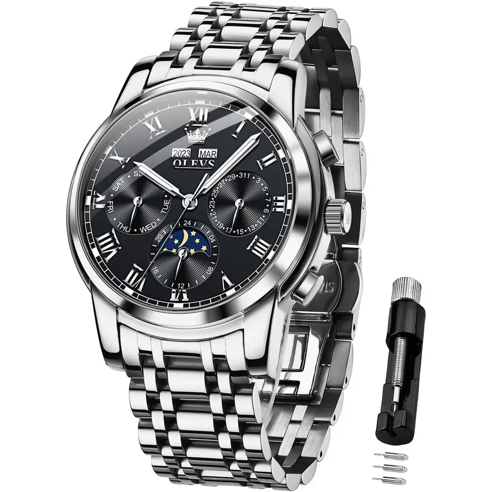 

Мужские автоматические механические наручные часы OLEVS с автоподзаводом, люксовые, деловые, с фазами Луны, из нержавеющей стали, водонепроницаемые, с люминесцентным покрытием