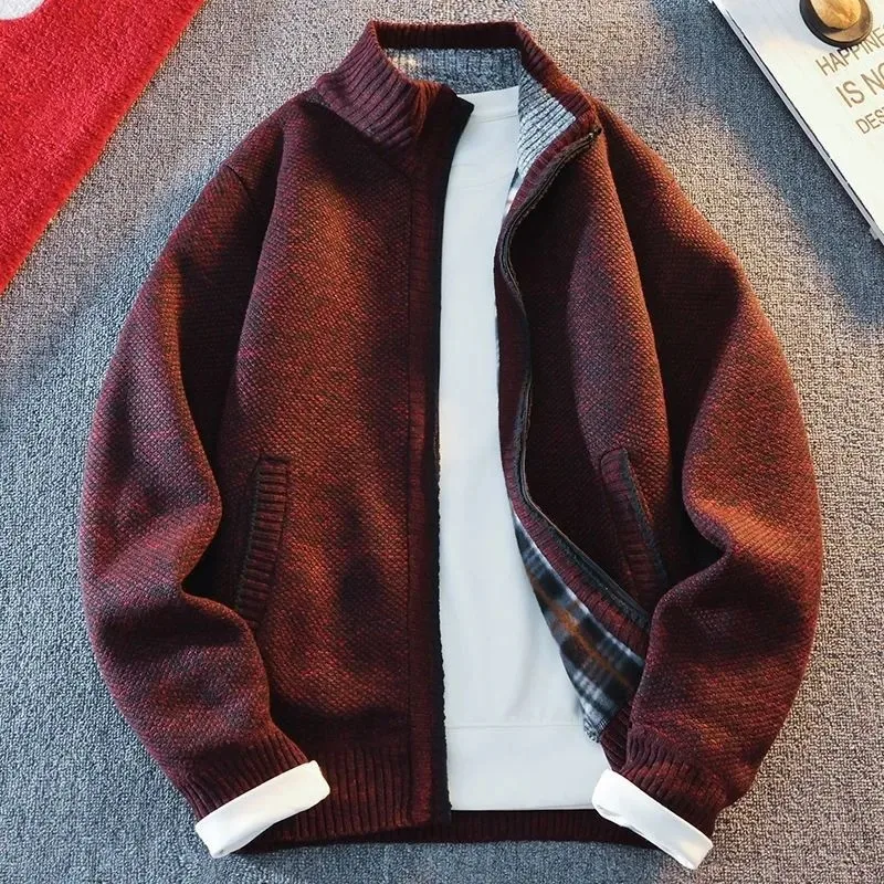 Zipper Trendy Casual Sweater Jacket Autumn Winter New Style Men's Knit Cardigan Fleece Lined Warm Stand Collar Top