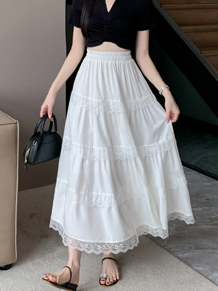 Midi Long Skirt Women White Skirt 2024 Mori Girl Style Sweet Crochet Lace Spring Summer High Waisted A-Line Pleated Skirts rok