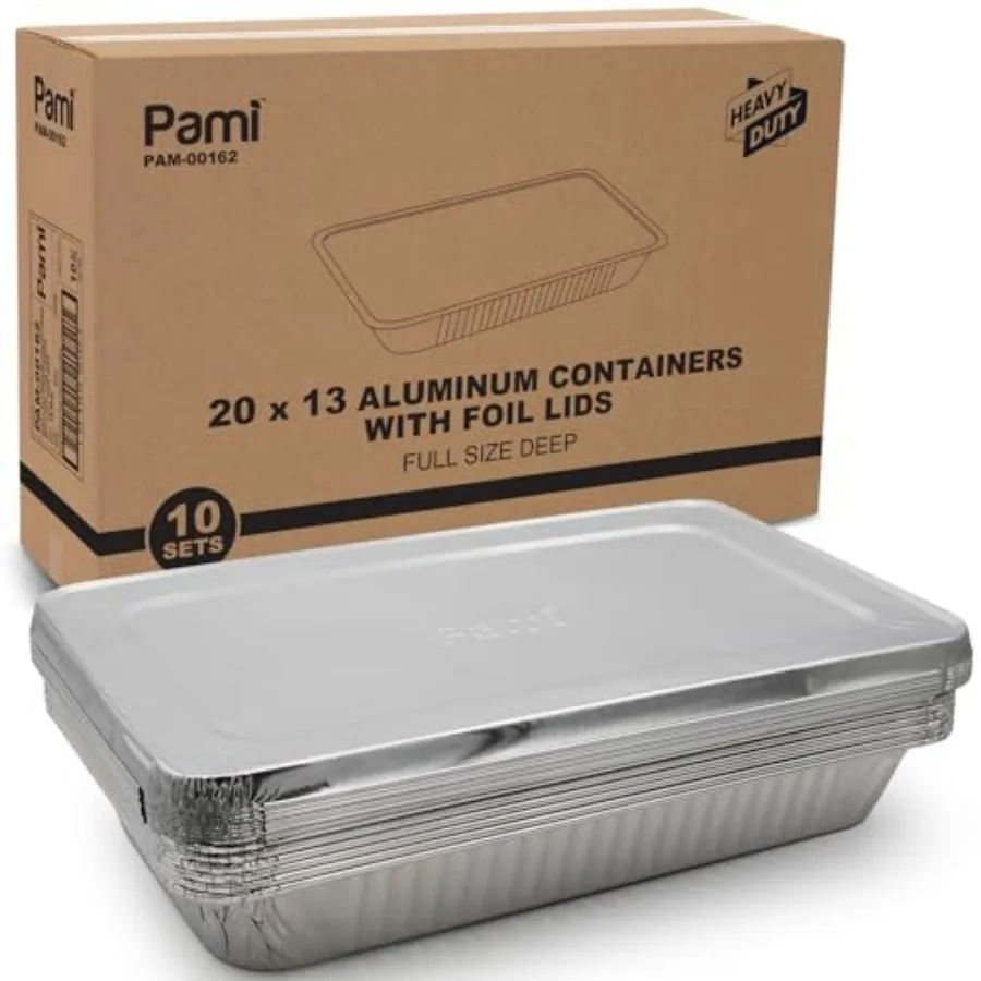 

Disposable Aluminum Pans With Foil Lids, Full-Size, Deep [Pack of 10]- 20"x13" Oven and Freezer Safe Heavy-Duty Foil Trays With