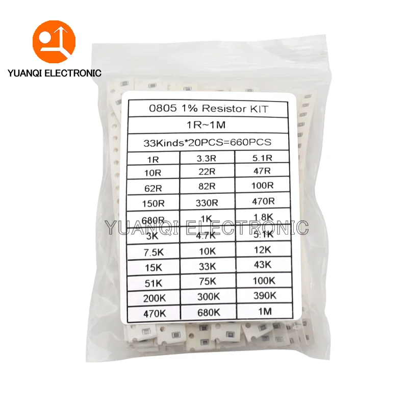 660PCS 0201 0402 0603 0805 1206 1% SMD Chip Resistor Assorted Kit 1R - 1M ohm 33valuesX20pcs=660pcs Resistance Sample set