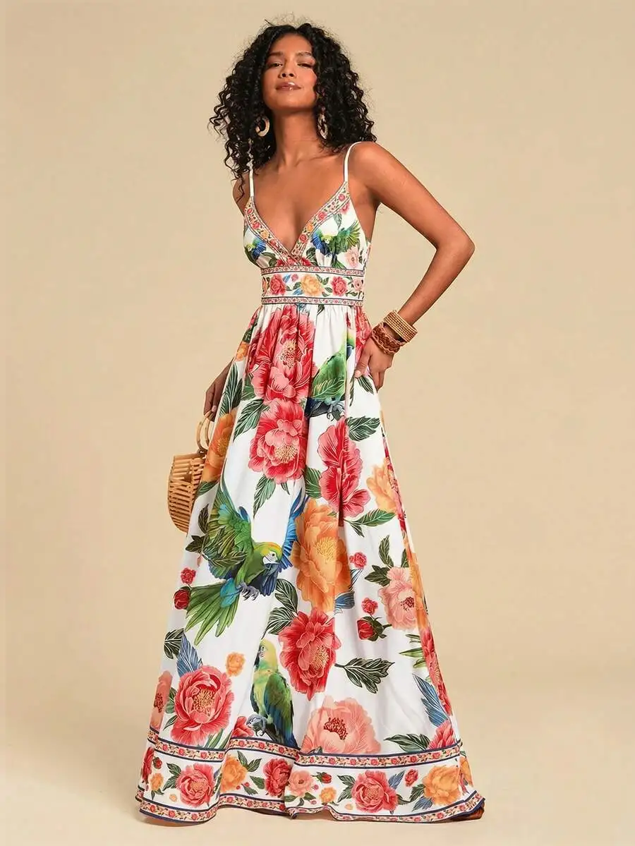 

Women V-Neck Maxi Woven Dress Floral Print Summer Beach Vacation Boho Outfit
