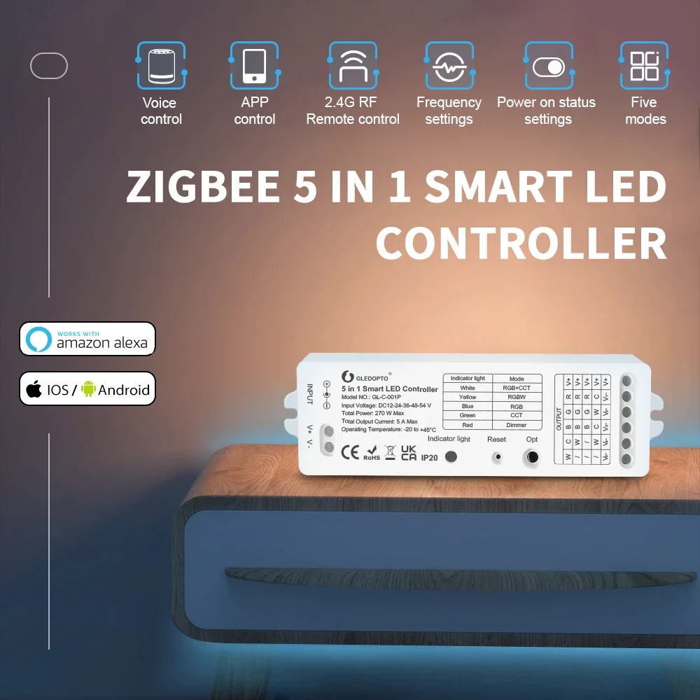 

Gledopto Zigbee 3,0 DC12-54V 5 в 1 RGBCCT/RGBW/RGB/ CCT/мерная фотовспышка, контроллер, совместимый с приложением/голосовым управлением/РЧ пультом дистанционного управления