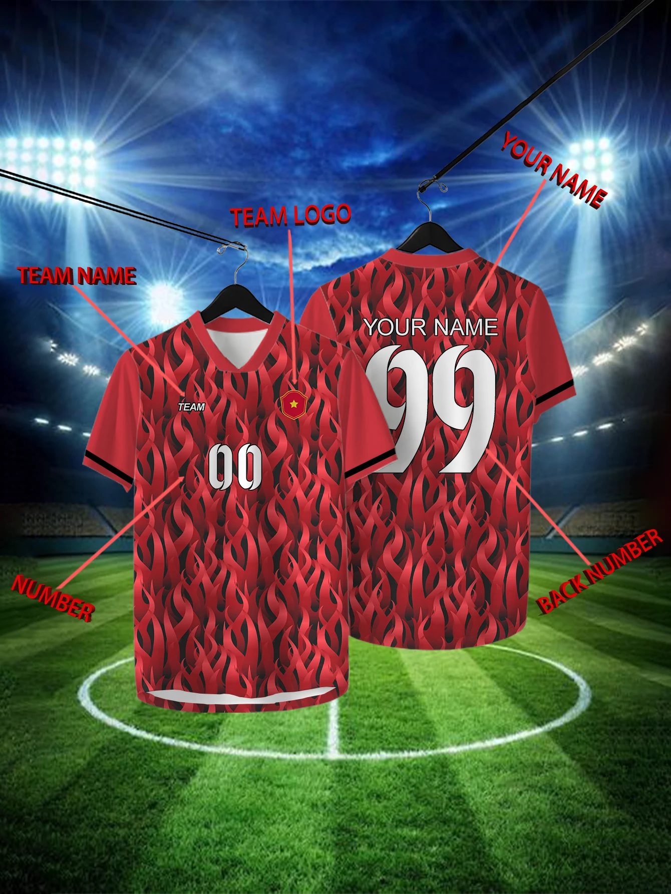 

Customized Geometric Red Short Sleeved Shirt with Team Name, Emblem, Name and Number, Outdoor Sports Short Sleeved T-shirt
