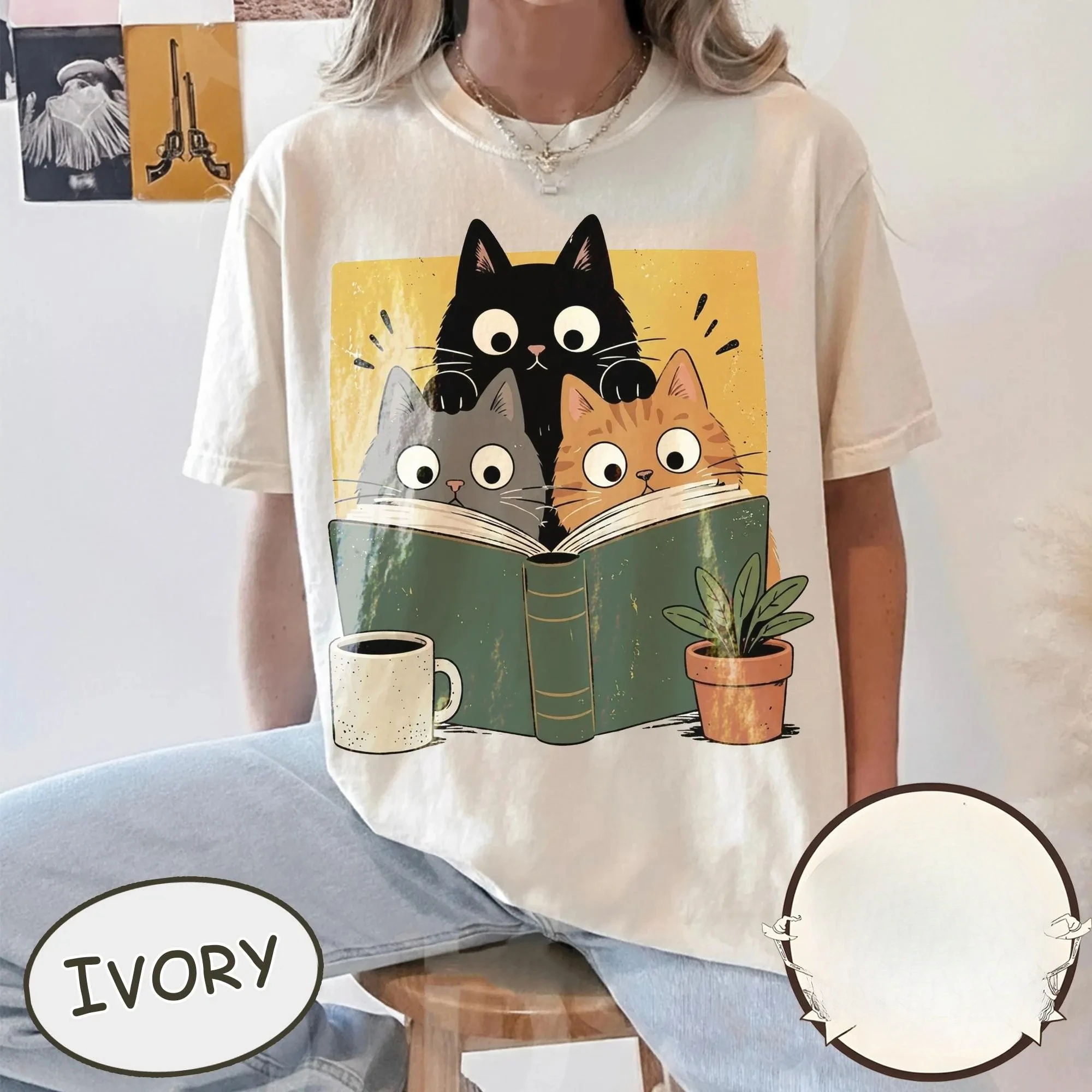 Summer Women's Cat Reading Print T-shirt Streetwear Oversized Loose Casual Short Sleeve Suitable for All Seasons