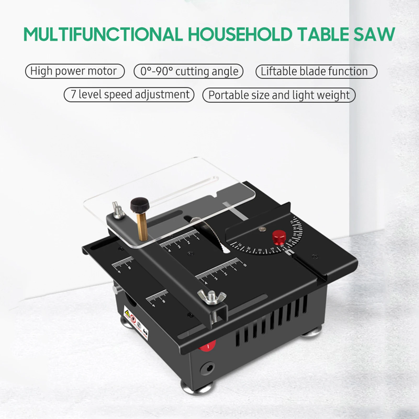 100W Multi Functional Table Saw Mini Desktop Electric Saw Cutter Speed and Angle Adjustable Liftable Blade 16MM Cutting Depth