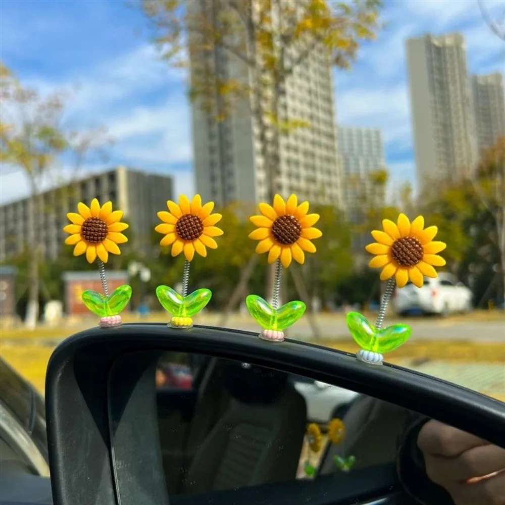 5 Pcs New Resin Car Swinging Flower Sunflower Design Shaky Car Ornaments Pastable Cute Little Flowers Car Pendant Center Console