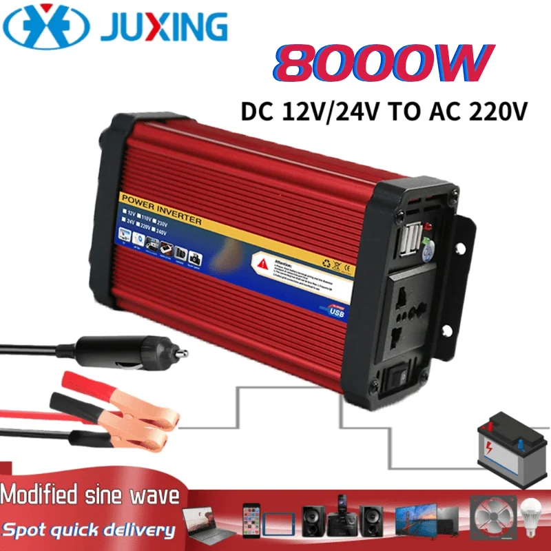 

JUXING 8000W Power Inverter Portable Converter, DC12V/24V to AC220V, Corrected Sine Wave Decorative Tool, Home and Outdoor