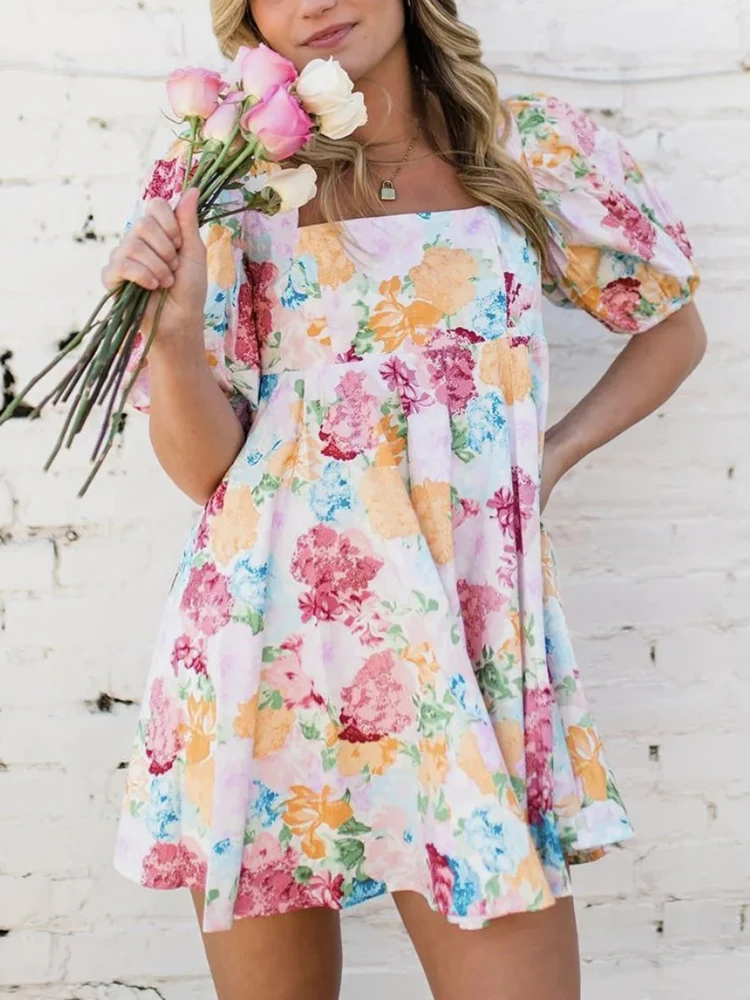 Gypsylady Boho Floral Chic Mini Dress Fancy Painted Summer Women Dresses Puff Sleeve Backless Holiday Casual Ladies Vestidos