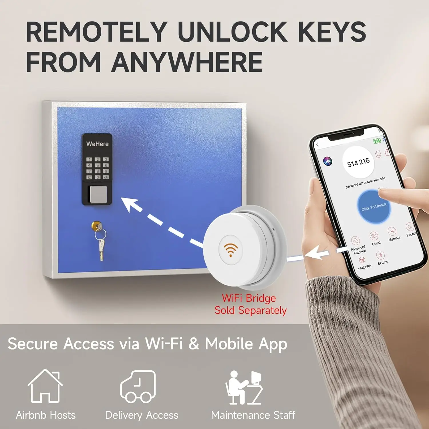 WeHere 40 Key Lock Box Wall Mount,Smart Key Cabinet,APP Bluetooth/One Time Password/Wi-Fi Remote/Fixed Code/Key Unlock