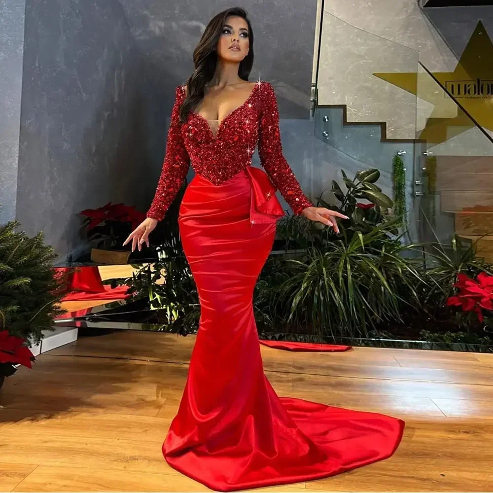 

Vinca Sunny Burgundy Sequin Red Satin Evening Dresses Women Mermaid Prom Gown Sexy V-neck Long Sleeves Gorgeous Party Dresses