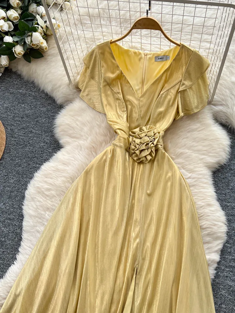 Ele V-ne Lange Dr Dames Hoge Taille A-lijn Rok Bloemen Verfraaid Afslanken Split Dr Koreaanse Sle Pendelen