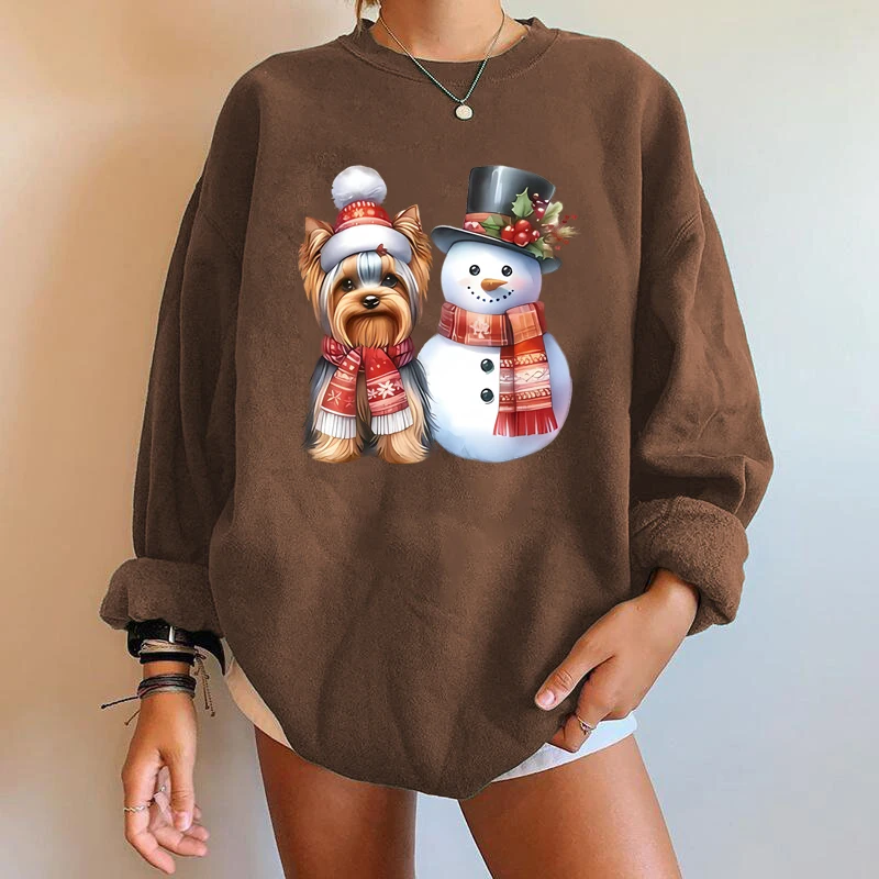 Christmas fashion snowman dog pattern y2k trendy printed sweatshirt round neck casual sweatshirt autumn spring women\'s clothing