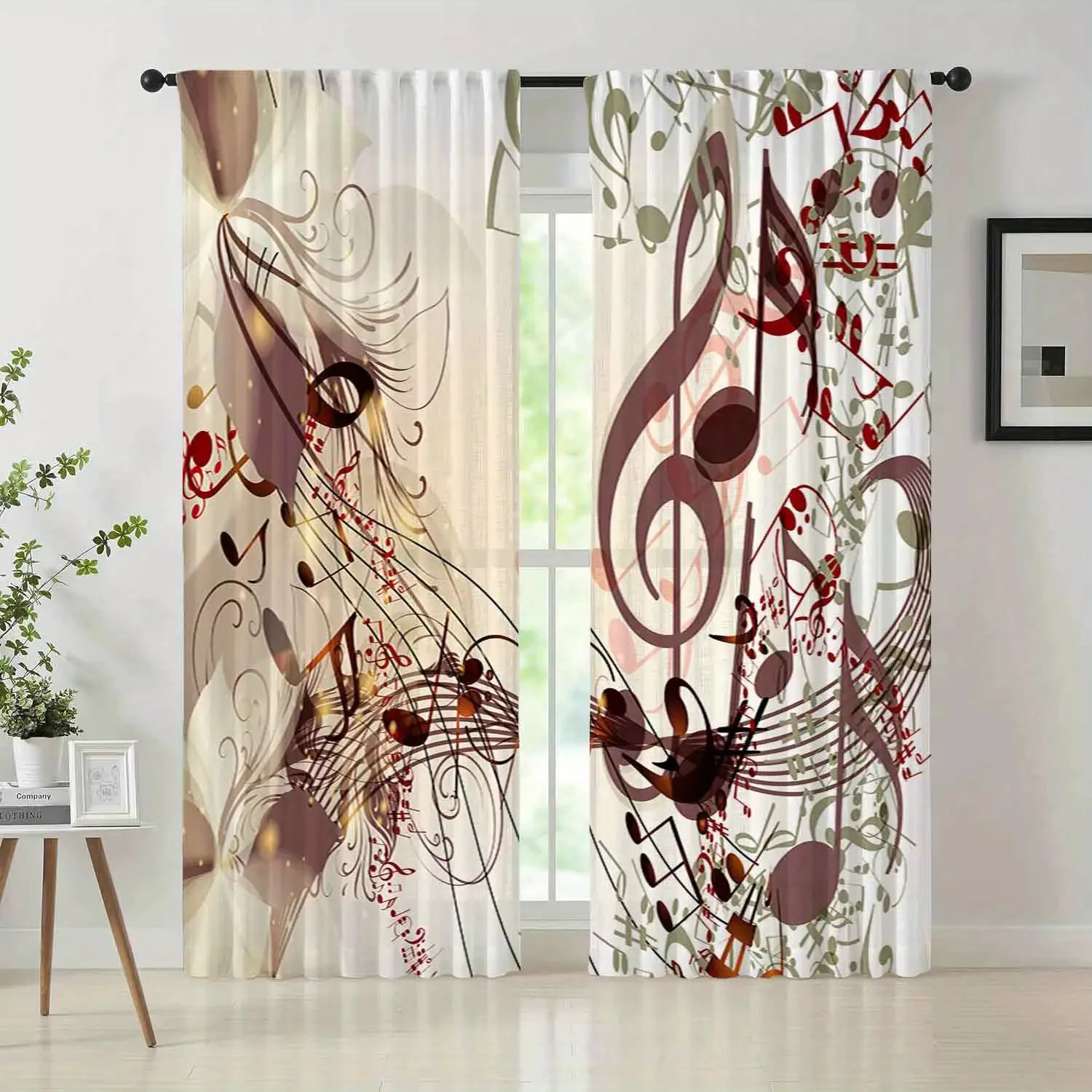 2pc Musical note light pattern curtains, polyester fabric, machine washable, suitable for bedroom and living room decoration
