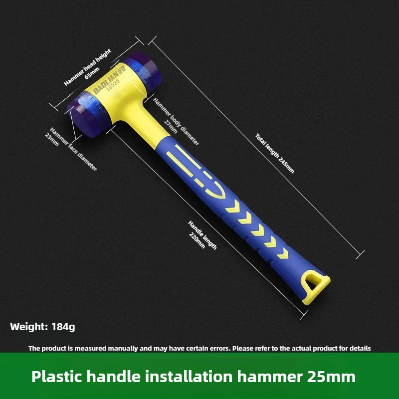 1 dubbelkoppige installatiehamer, 25 mm tot 45 mm rubberen hamer met rubberen handgreep, afneembare geïsoleerde installatiehamer