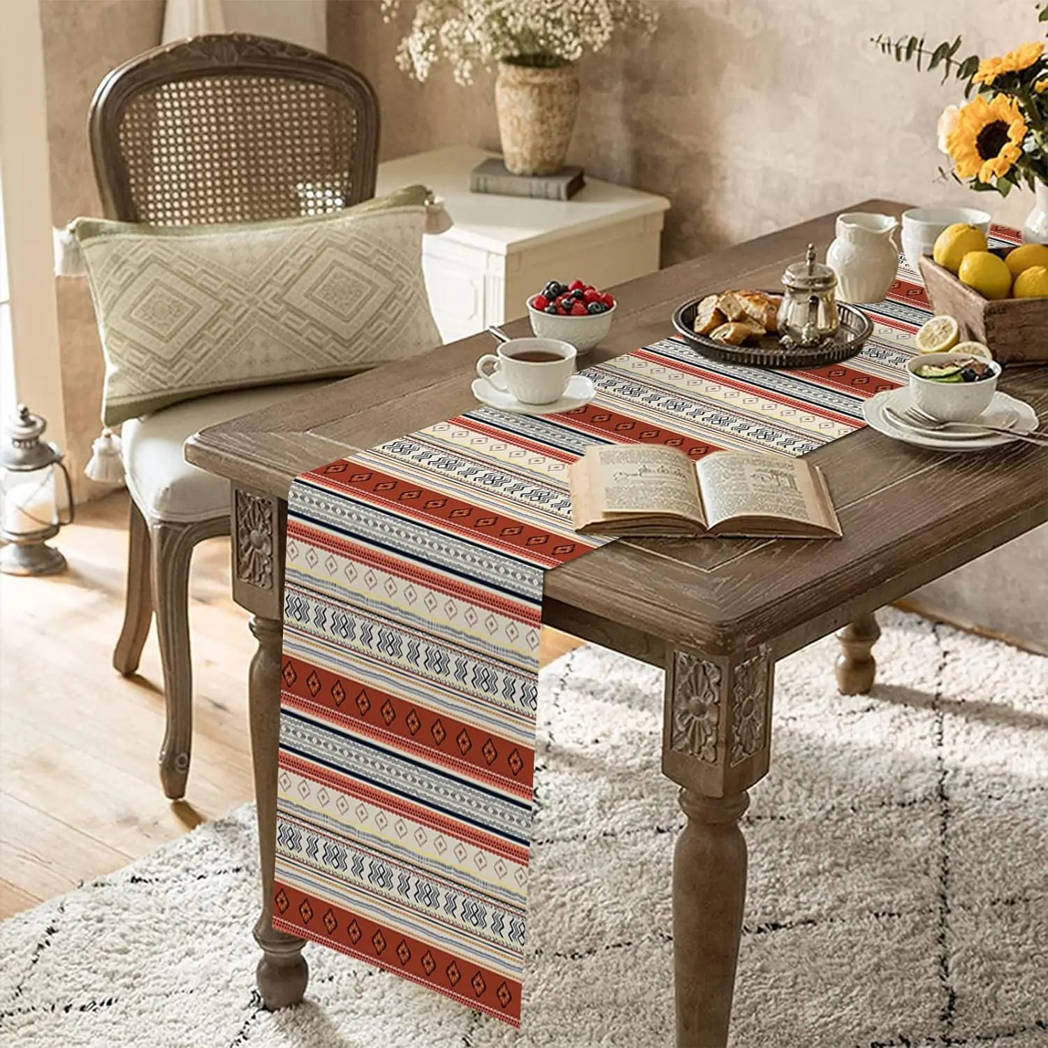 Boho Western Aztec Geometric Linen Table Runner Holiday Party Decorations Bohemian Stripes Kitchen Table Runner Party Decor