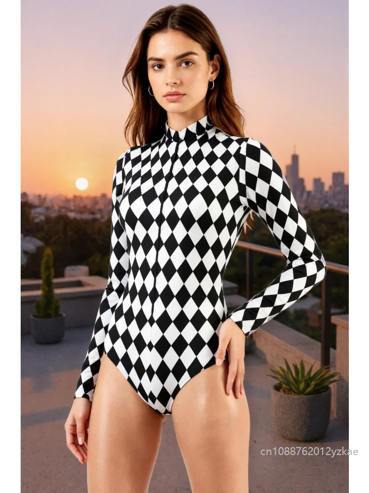 

Halloween Cosplay Victoria Clown Bodysuit Women's Retro Long-sleeved Swimsuit Carnival Party Performance Checkerboard Bodysuit