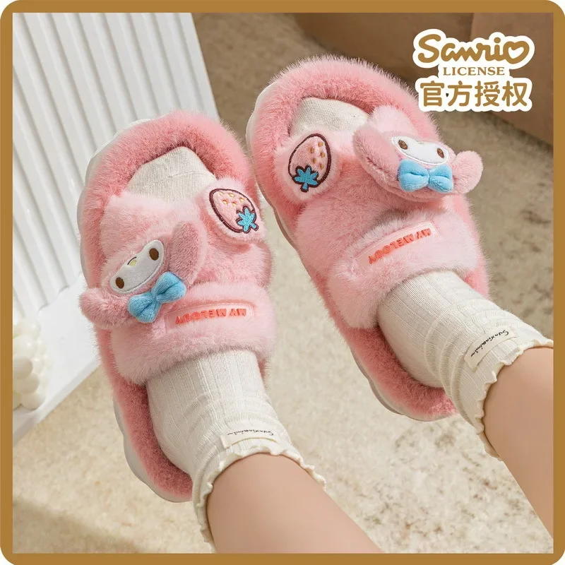 Genuine Sanrio Kuromi Hello Kitty Plush Slippers My Melody Warm Winter Indoor Slippers Flat Casual Non-slip Girl Home Shoes