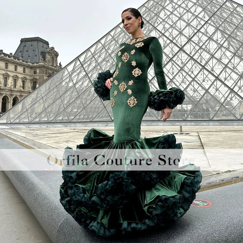 Gypsy Girls Dancing Prom Dress for Women Long Sleeves Green Velvet Beads Formal Party Gowns Ruffles Evening Gowns Custom