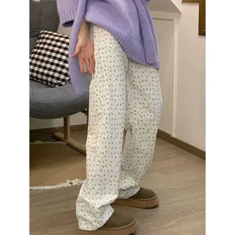 Relaxed Wearing Corduroy Sweatpants Broken Flowers Wide Legs Female Loose Bf Soft Waxy Drooping Pantalones New Trendy Trouser