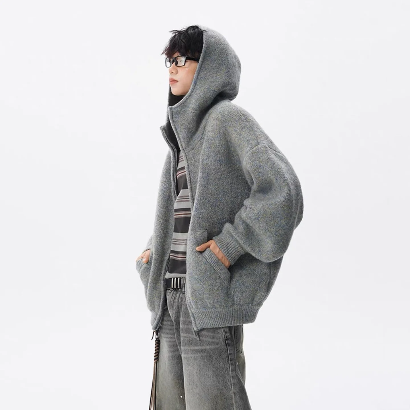 

Американский утепленный худи-свитер на молнии для мужчин, осенне-зимний, высококачественный, вязаный, свободного кроя, для пар