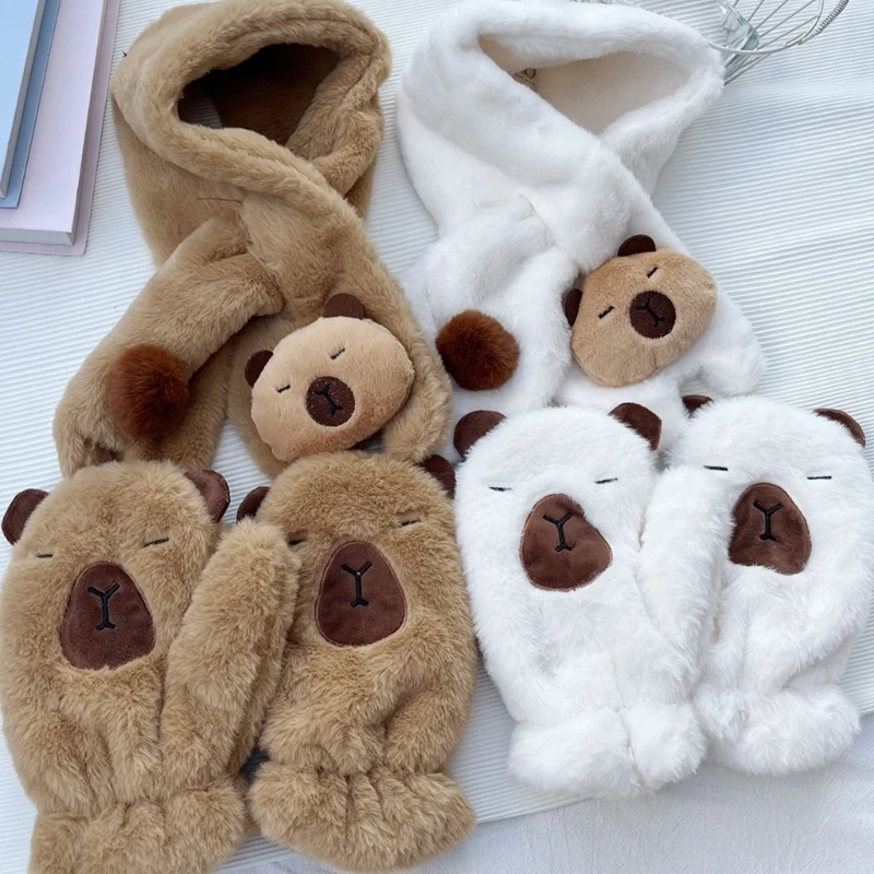 Lovely Animal Theme Plush Scarf Furry Gloves Set Coldproof Winter Accessories Dropship