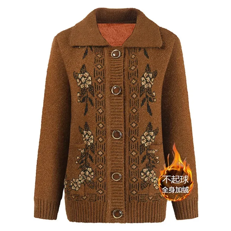 Maglione da donna anziana di mezza età aggiungi giacca Cardigan in maglia di velluto 2024 nuovo autunno inverno cappotto Casual allentato capispalla