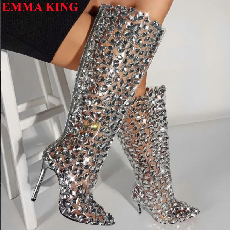 Luxury Designer Women Rhinestone Knee-High Boots Pointed Toe High Heels Transparent PVC Fashion Shoes Sexy Party Women\'s Boots