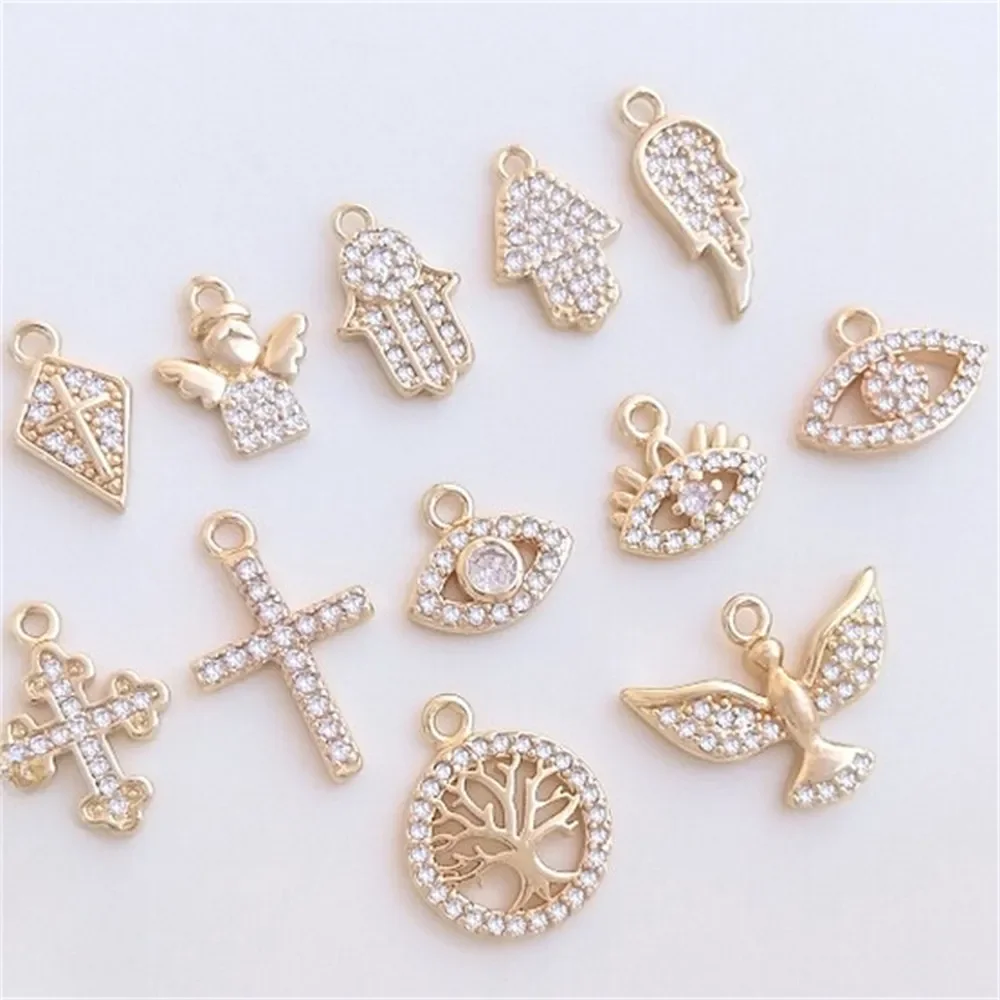 Micro Set Zircon Small Charm Series 14K Gold Solid Angel Eye Palm Cross Wing Ornament Charms Pendant K463