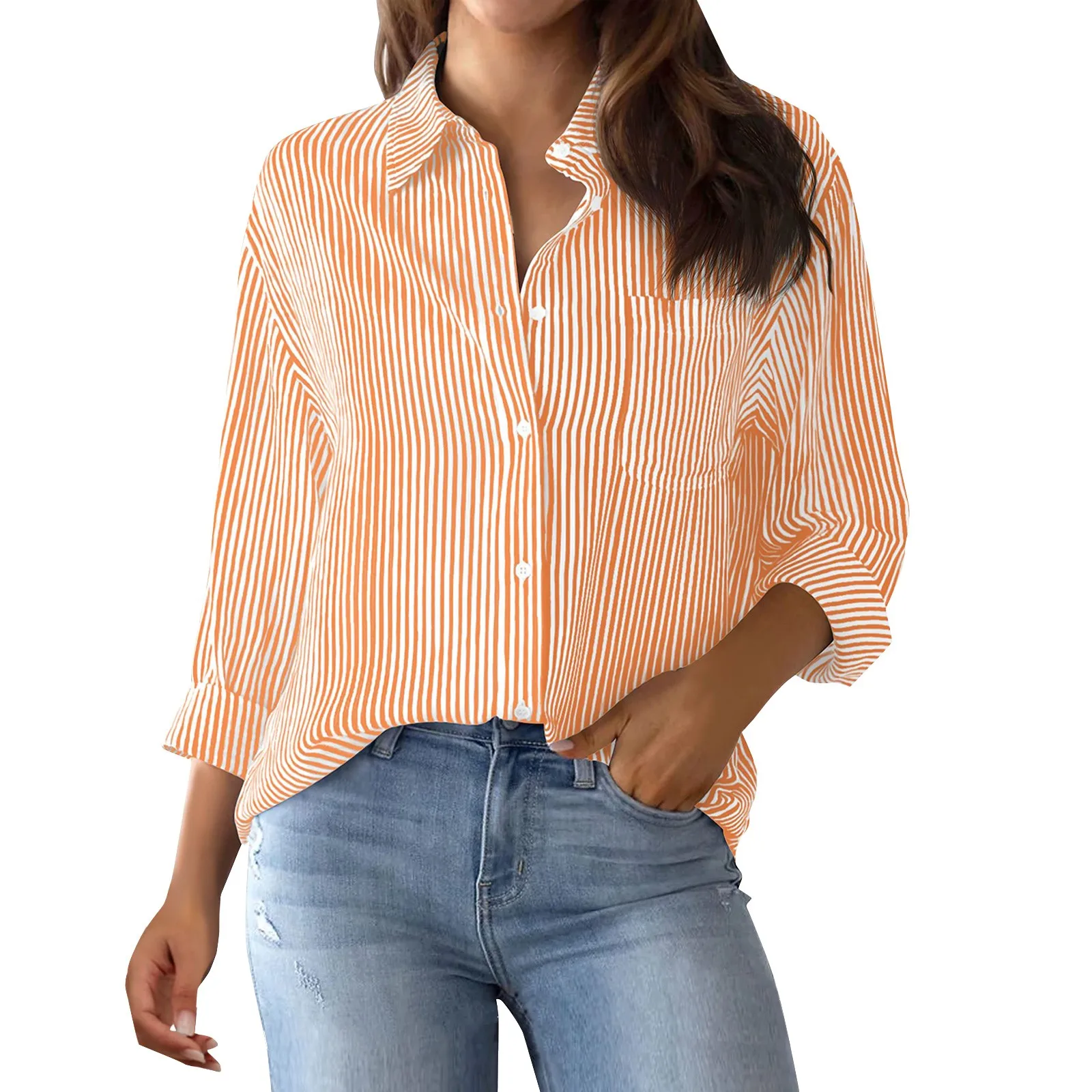 Women Classic Stripes Shirts Daily Commute All-Match Button Up Long Sleeved Lapel Collar Shirts With Pockets Casual Basic Style