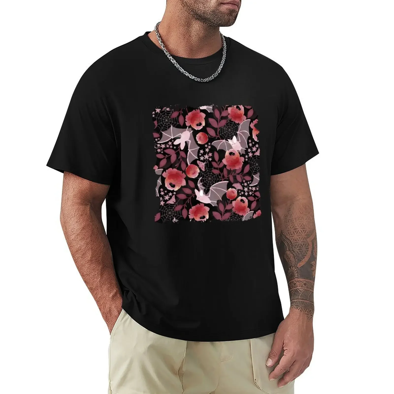 Pastel bat floral black background T-Shirt designer shirts vintage shirts graphic tees men t shirts