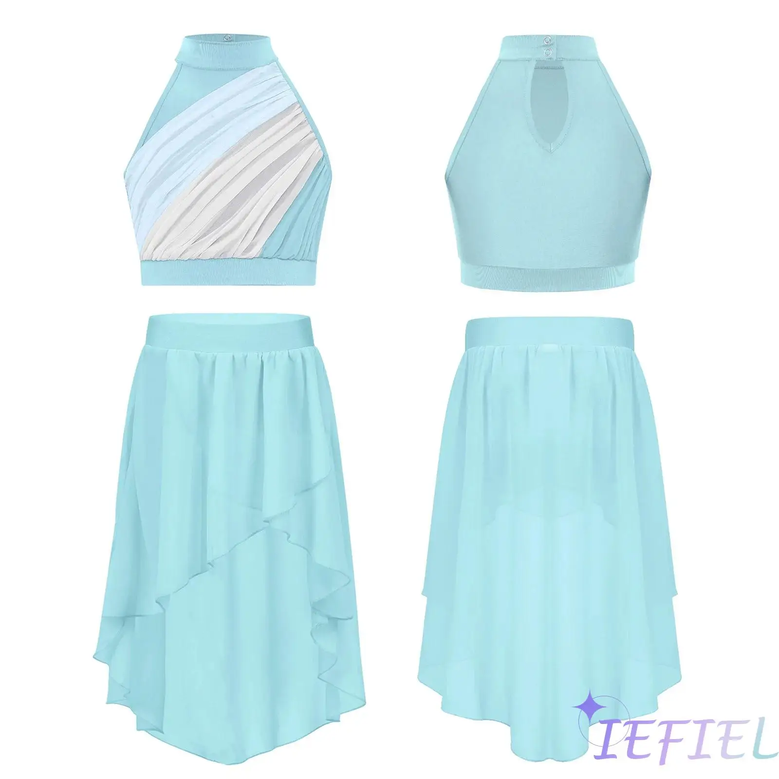 

Girls Ballet Lyrical Dance Costume Ruched Keyhole Crop Top+High-Low Elastic Waistband Skirt for Ballet Jazz Dance Performance