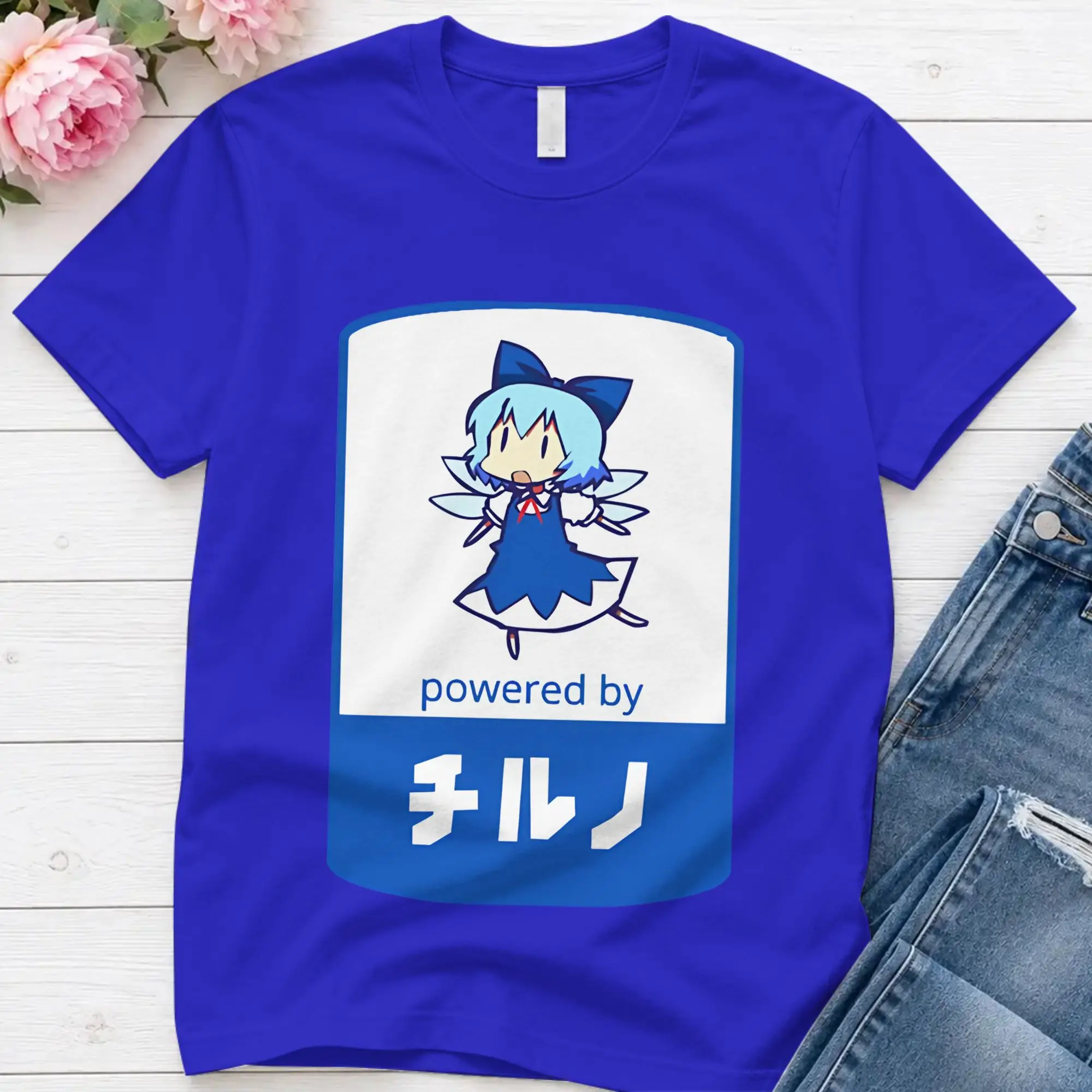Casual Powered By Cirno Touhou Meme  T-Shirt for Men Crew Neck Cotton T Shirts Touhou Project Short Sleeve Tees Gift Idea Tops