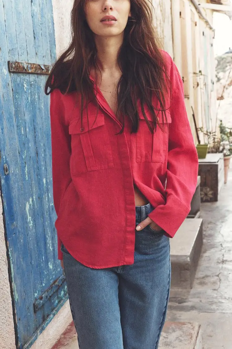 Retro Sle Casual Loose Long Sve Collared ket Detail Linen irt Spring Summer New Arrival Women's Busin Casual irt