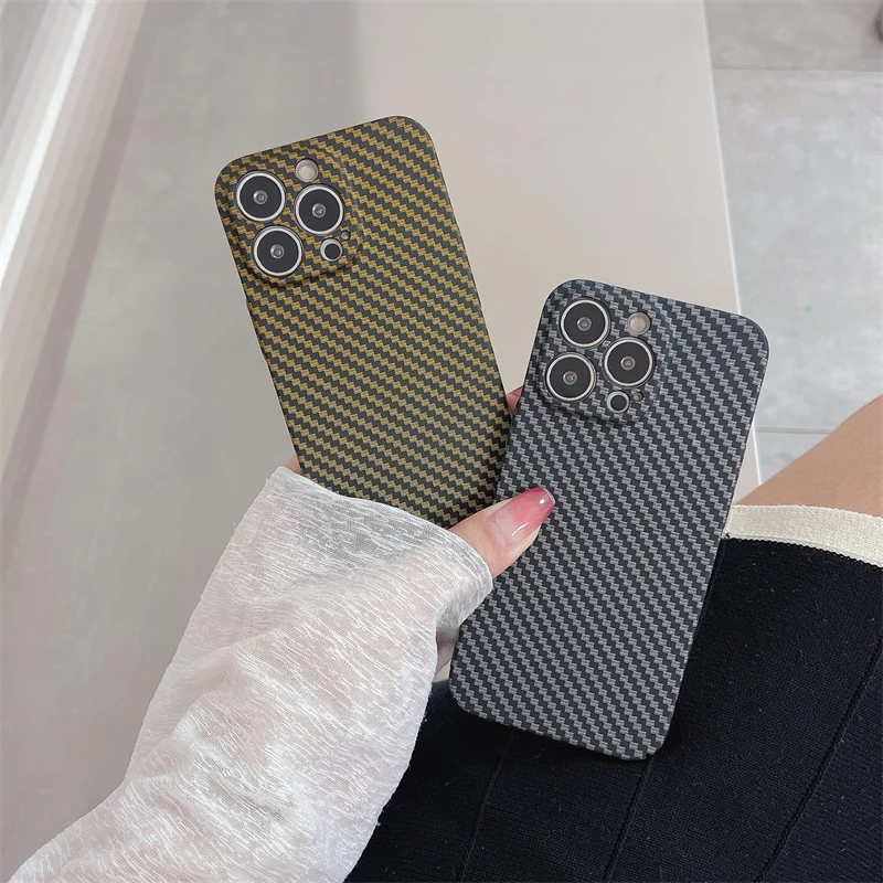 Carbon Fiber PC Phone Case Refined Hole Lens Protection Shockproof Rear Cover Suitable for iPhone 14 13 12 11 Pro Max Luxury