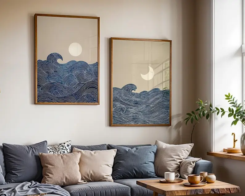 Conjunto de 2 Impressões de Arte em Tela Minimalista Japandi com Lua Crescente, Pôster Abstrato de Paisagem sem Moldura para Decoração de Sala de Esta