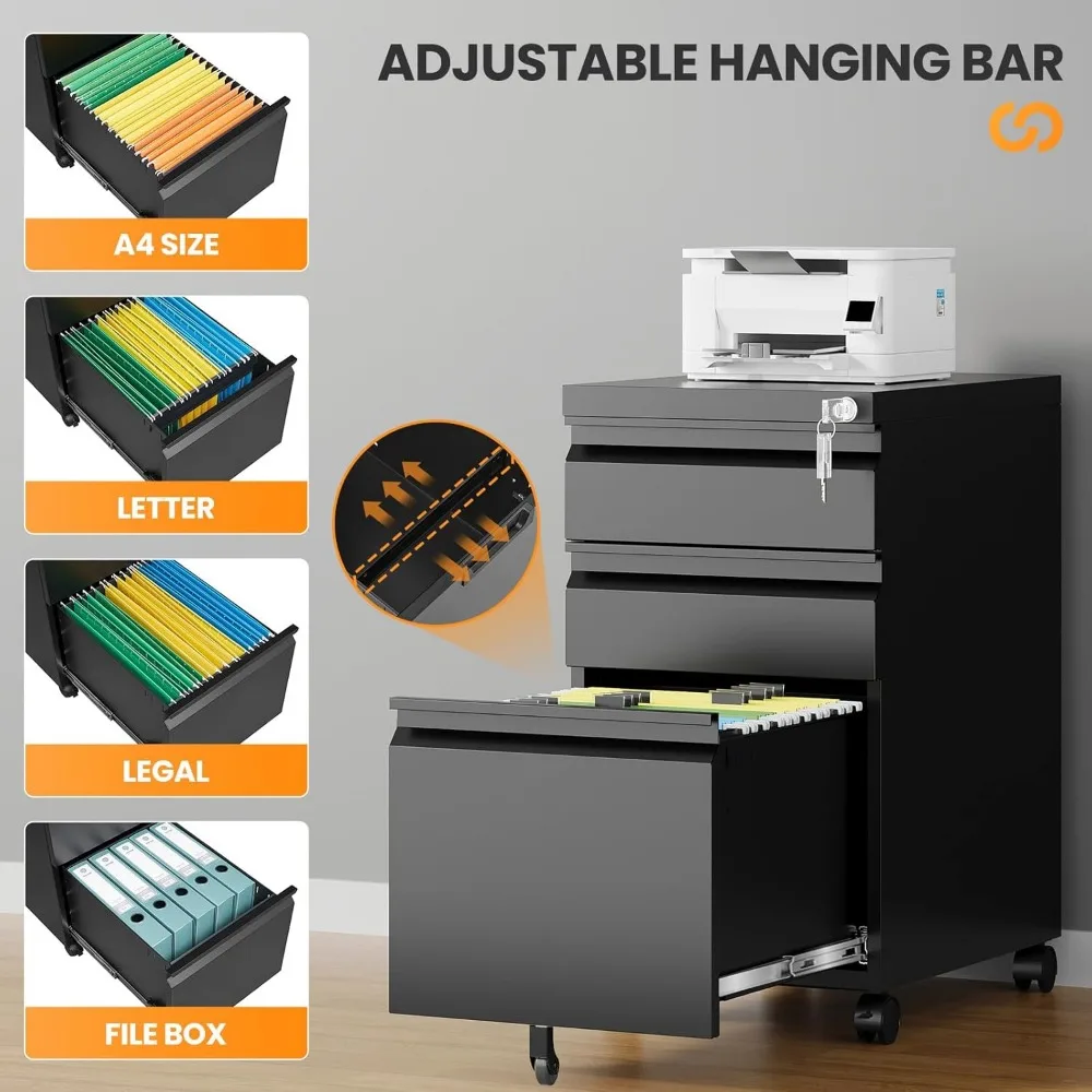 خزانة ملفات معدنية متنقلة مع قفل، خزانة تخزين دوارة ذات 3 أدراج للمكتب المنزلي، خزانة ملفات مجمعة بالكامل على عجلات